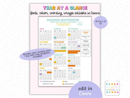 2026-2027 Editable School Calendar Template | Year at a Glance Schedule for Day Care & Sports Teams - Etsy New Zealand