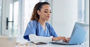 Doctor, laptop and woman typing online medical study, hospital report or clinic healthcare research. Nurse, computer and professional surgeon working on medicine review, digital notes or wellness