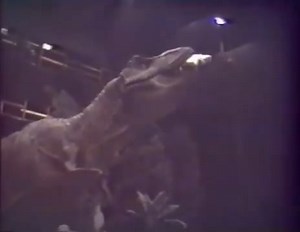 Crew members of the original Jurassic Park test the 37-foot-long animatronic T-rex. | History Revealed