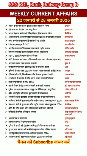 4th Week January 2026 Current Affairs | Weekly Current Affairs 2026 #trending #shortvideo #ytshorts