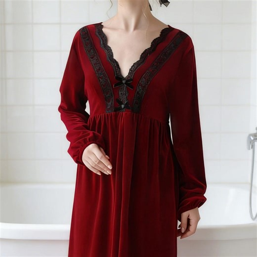 Victorian Winter Warm Velvet Nightwear, Vintage Bridal Nightgown, Bow Decor Long Nightdress, Lace Trim Loungewear Dress, Coquette Sleepwear - Etsy Canada