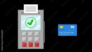 video animation illustration credit or debit card paying in pos terminal machine, on a transparent background with zero alpha channel