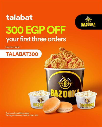 Use the code “TALABAT300” and get 300 EGP OFF your first three orders from Bazooka on talabat | Talabat