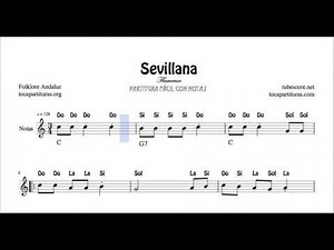 Sevillana Partitura Fácil con Notas en Letras en Do mayor Flauta Violín Oboe