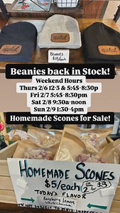5 comments | Beanies are Back in Stock and Scones are for sale!!! Today’s flavor is Lemon Raspberry White Chocolate! We will be open today 12-3pm & 5:45-8:30pm! Stop on by! And /or stay for class at 6:30pm…we are painting a great one tonight!!! @thepaintfactoryhutch | The Paint Factory | Facebook