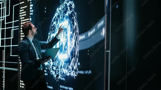 Technician looks at AI self writing code on large display interface, digital autonomy concept. IT specialist reviewing self sustaining artificial intelligence model on interactive digital wall
