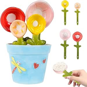 4 Pcs Cute Ceramic Flower Measuring Spoons Set with Base Decorative Flower Pot and Cup Set for Home and Kitchen (Blue)