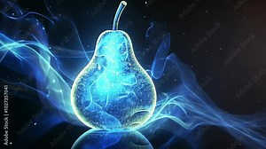 A glowing pear surrounded by blue smoke sits on a reflective surface