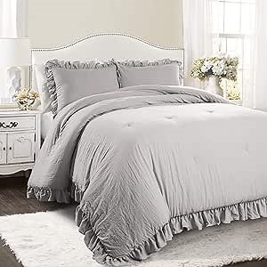 Lush Decor Reyna Ruffle Comforter Set, King, Light Grey, 3 Piece Cozy Bedding Set
