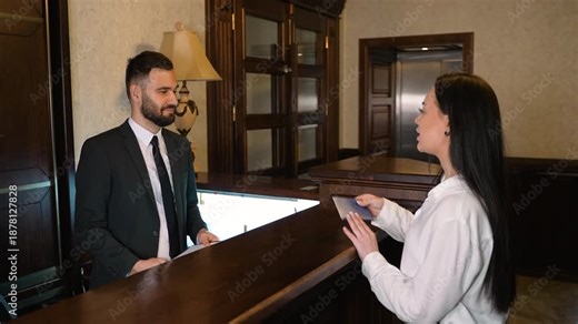Receptionist helping female guest with check in at hotel lobby