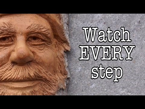 FULL WOOD CARVING VIDEO: A Happy Wood Spirit in Cottonwood Bark at 8x speed (Ft the back of my head)
