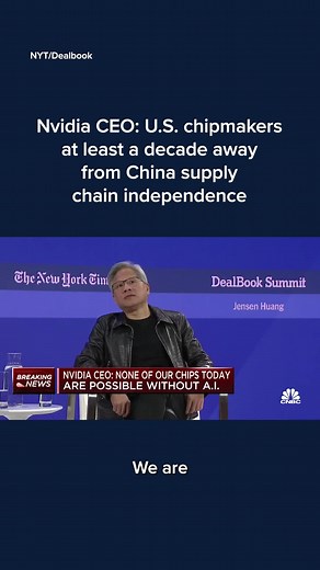 U.S. chipmakers are at least a decade away from “supply chain independence” from China, says Nvidia CEO Jensen Huang. For what Huang said when asked whether Nvidia should continue to do business with China, check out the #linkinbio. #cnbc