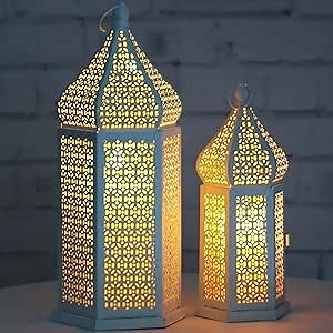 VELA LANTERNS Large Temple Tower Moroccan Lantern Lamp Decorative Candle Holders for Ramadan Decorations, Hanging, Outdoor Patio or Porch, Indoor Home Decor, Weddings, White, Set of 2