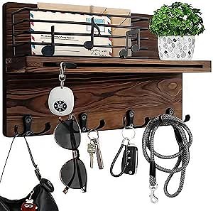 Key Holder Wall Mount, Keys Holder on Wall with Shelf, Key and Mail Holder for Wall with 4 Double Hooks for Dog Leash, Sunglasses, Bags - Musical Note Design Entryway Hanger