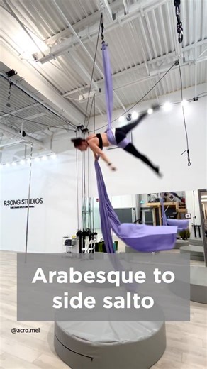 Acro Mel on Instagram: "I call these cartwheel drops side saltos to differentiate from what I actually call cartwheels lol, 🧐 and also to indicate it’s one salto. Had fun improv’ing in the studio! 😊 👚 wearing @karpash_fashion_world sports bra 📍 @rsongstudio Calgary, Canada * * * * * * * * * * #aerialsilks #aerialsilksdrop #aerialsilkssalto #aerialsilkssidesalto #aerialdance"