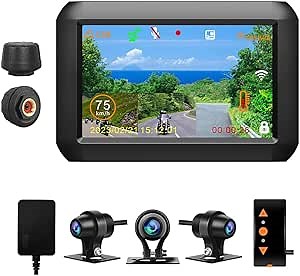 VSYSTO WiFi Motorcycle Dash Camera, Parking Monitoring, 3CH 4 Inch Screen Motorbike Camera System with TPMS, GPS, Front and Left and Right Camera, Assisted Driving Mode, Temperature Display, G-Sensor