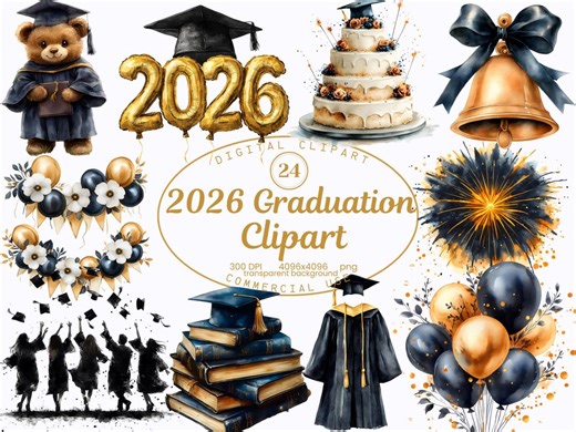 2026 Graduation Clipart Collection, Class 2026, Watercolor Grad Floral 24 PNG, Graduation Caps, Diploma Graphics, Digital Download - Etsy