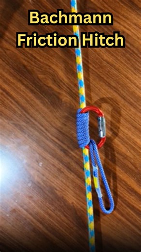 Bachmann friction hitch for arborists, alpine, rock, canyoning, and rescue climbing