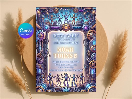 Robot Birthday Invitation Template, Editable Robots Gears Birthday Invite, STEAM Science, Canva, Bot, Digital - Etsy