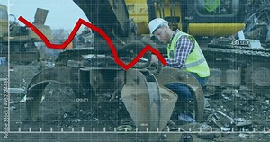 Declining stock market animation over construction worker in industrial scrapyard