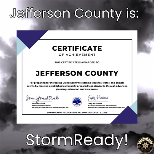 Jefferson County Remains StormReady! 🌩️❄️ We are proud to announce that our Office of Emergency Management has completed the recertification to remain a StormReady® county! This recognition reflects our ongoing commitment to keeping our community prepared and resilient against severe weather including flooding, wildfires, and winter storms. A huge shoutout to our emergency management teams, local officials, and community partners who work tirelessly to ensure our county stays ahead of the storm