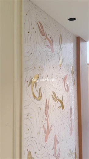 Water meets stone. Koi meet gold and pink. Your entryway meets art. This is how you make an entrance. 🌊✨ #zaijianmosaic #mosaic #mosaicart #handmade #mosaictiles #tiles #homedesign #luxurydesign #luxuryhome #bathroom #backsplash #walldecor #interiors #interiordesign