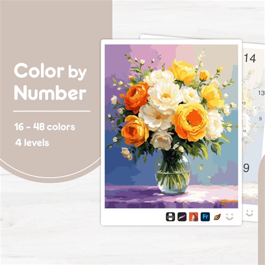 Colorful Flower Bouquet - Color by Number - Digital & Printable - 4 Levels - Etsy Canada
