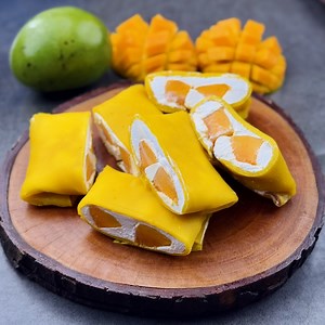 Thailand Viral Dessert Stuffed Mango Pillow Crepe Recipe | Corner Cooks