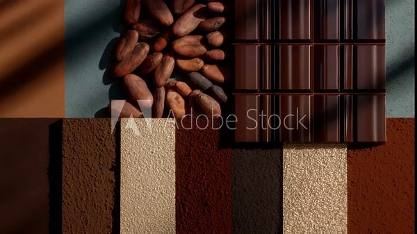 53A minimalistic yet luxurious arrangement of cacao forms, with refined geometric chocolate pieces, perfectly aligned rows of cacao beans, and finely sifted cocoa powder forming smoo