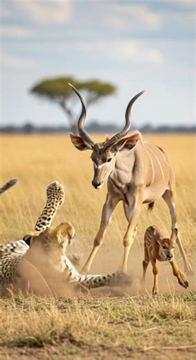 Can the kudu protect her calf from the lurking predator danger #wildlife #nature #safari