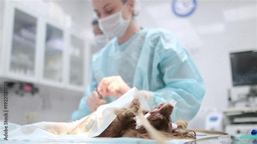 Veterinarians operating on a small dog in an operating room at a veterinary clinic. Veterinarians during treatment for an injury or surgery. Anesthesia and pain relief for animals