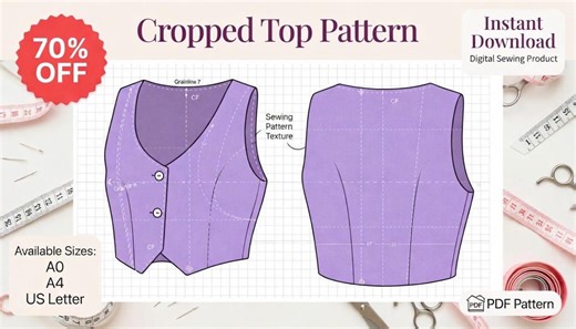 Cropped Top PDF Sewing Pattern | Wrap Style Button-front Vest Top | Sizes A4,A0 and US Letter | Instant Digital Download - Etsy