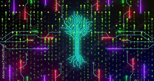 With falling green binary, cyan circuit-tree forming as traces pulsing, drawing data inward