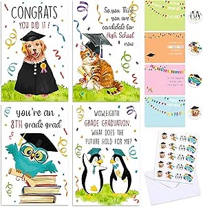 Pasimy 24 Pcs 8th Grade Graduation Cards Congrats Grad Greeting Card Double Sided Eighth Grade Graduation Party Gift Cards with Envelopes Sticker for Junior High School Student Grad Party Gift