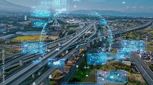 road, traffic, data, dx, digital transformation, its, maas, technology, future, infrastructure, logistics, cloud, aerial view, bird eye view, drone, ai, iot, 5g, network, sensor, analysis, control, op vídeo de Stock