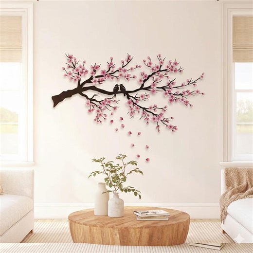 Cherry Blossom Bird Wall Art, Pink Floral Metal Wall Decor, Romantic Love Birds Branch Sculpture, Spring Home Gift - Etsy
