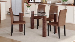 Glass Dining Table Set for 4, 5 Piece Kitchen Table Set with PU Leather Upholstered Chairs, 50" Dinner Table with Tempered Glass Top and Wood Legs for Dining Room, Kitchen, Small Space
