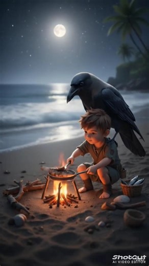Tiny Boy & Crow Catch Fish and Cook at Beach 🐟#shorts