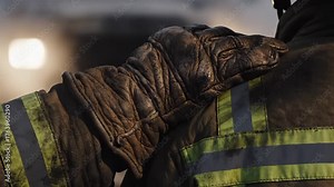 firefighter's hand on colleague's shoulder. powerful moment of support, teamwork, and camaraderie between first responders during emergency. bravery and heroism concept.