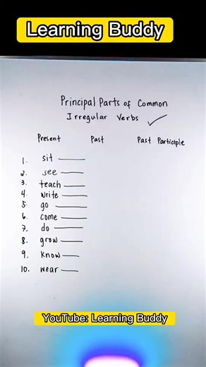 10K views · 205 reactions | Principal Parts of Common Irregular Verbs #principals #parts #common #irregular #verbs #irregularverbs #tenses #verbtenses #howto #identify #identifyverb #English #englishlesson #englishgrammar #grammar #tutorial #learnenglish #englishteacher #englishpractice #learningbuddy #reels #reelsviral #reelsfb #facebookreels #facebookpost | Learning Buddy | Facebook
