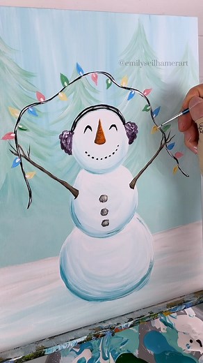 Here is a beginner snowman painting tutorial for Christmas! 🎨☃ Supplies listed below: 🎨Acrylic craft paint colors: Light blue ("Key West") Medium blue ("Caribbean" and "Tuscan Teal") White Green Grey Black Purple Orange Light brown Dark brown Tan Black Christmas light colors! (any colors you choose) 🖌Brushes: Mop Brush Size 6 round (You can switch between small, medium, and large round brushes as you feel comfortable!) Size 0 detail FAQ: Q: What is a mop brush? I use a wet n wild contour brus