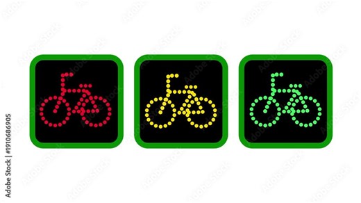 Three bicycle icons in red yellow and green colors represent a dedicated signal system for urban cyclists