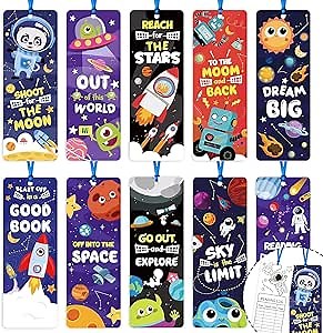 Haooryx 63Pcs Space Theme Bookmarks, Colorful Planet Rocket Spaceship DIY Book Marks for Kids Space Theme Birthday Party Favors Teachers Students Class Gift Reading Club Reward Reading Record Bookmark