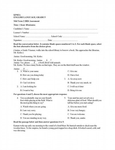 Grade 5 English Mid Term 2 2026 Exam