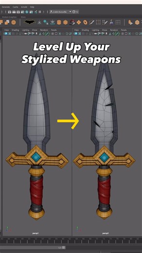 Zubin K on Instagram: "The secret to better stylized weapons⬆️ Stylized props come to life when you break the silhouette by adding intentional cuts and damage. By beveling edges the right way and redirecting your edge flow, you can create believable wear while keeping your topology clean. Small details like this are what make up a “hero asset”. Save this for later and follow for more 3D modeling tips! #3dmodeling #maya3d #blender3d #hardsurface #topology"