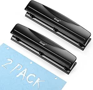 Ecraft 3 Hole Punch ：12 Sheets Capacity - All Metal Durable Design - Easy Clean Chip Tray - Office Portable Three Hole Paper Puncher（2 Pack）Black