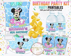 Modèle MODIFIABLE de piscine de fête d'anniversaire d'enfants, kit de piscine d'anniversaire de Minnie Mouse, kit de fête d'anniversaire de téléchargement instantané, sacs de puce d'étiquettes d'eau de Minnie - Etsy France
