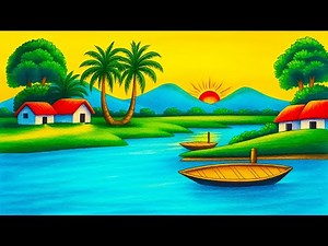 How to Draw Easy Scenery | Village, River & Mountain Drawing Step By Step & Beginners
