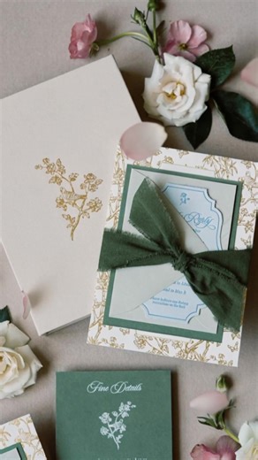 For Ashley and Stephen, we created a garden-inspired suite filled with hand-drawn florals, tiny birds, and soft gold foil that framed the invitation in a delicate botanical border. Their palette of sage, misty blue, and ivory carried through each piece, including a custom die-cut RSVP. Instead of an envelope, the suite was presented in a fabric-wrapped keepsake box finished with a deep green ribbon - a beautiful reveal and a lasting memento. . #hazelwoodpaperco #custominvitations #weddinginvitat