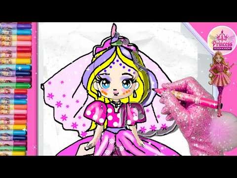 How to draw a cute sparkly Unicorn Barbie bride in pink polka dot dress drawing & coloring for kids